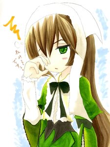 Rating: Safe Score: 0 Tags: 1girl auto_tagged bangs blush brown_hair dress frills green_dress green_eyes hat head_scarf image long_hair long_sleeves looking_at_viewer simple_background solo suiseiseki very_long_hair white_background User: admin