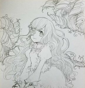 Rating: Safe Score: 0 Tags: 1girl closed_mouth dress flower greyscale image kirakishou long_hair looking_at_viewer monochrome puffy_sleeves sketch smile solo thorns traditional_media very_long_hair User: admin