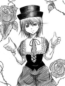 Rating: Safe Score: 0 Tags: 1girl frills greyscale hat image looking_at_viewer monochrome short_hair smile solo souseiseki User: admin