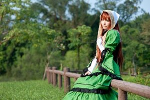 Rating: Safe Score: 0 Tags: 1girl blurry brown_eyes brown_hair depth_of_field dress green_dress hood long_hair long_sleeves outdoors sitting smile solo suiseiseki User: admin