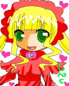 Rating: Safe Score: 0 Tags: 1girl :d blonde_hair dress green_eyes heart heart_background image looking_at_viewer open_mouth red_dress rose shinku sidelocks smile solo User: admin