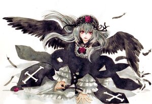 Rating: Safe Score: 0 Tags: 1girl bird black_feathers black_wings crow dress feathered_wings feathers flower frills hairband image long_hair long_sleeves red_eyes red_flower rose silver_hair solo suigintou wings User: admin
