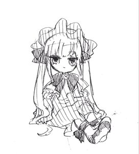Rating: Safe Score: 0 Tags: 1girl blush dress full_body greyscale hat image long_hair long_sleeves looking_at_viewer monochrome shinku sitting solo striped twintails vertical-striped_dress very_long_hair white_background User: admin