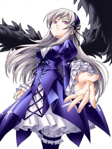 Rating: Safe Score: 3 Tags: 1girl anbe_masahiro black_wings commentary_request dress frilled_sleeves frills gothic_lolita hairband highres image lolita_fashion long_hair long_sleeves looking_at_viewer outstretched_arm outstretched_hand pantyhose pink_eyes puffy_sleeves purple_eyes reaching ribbon rozen_maiden silver_hair solo suigintou white_background wings User: admin