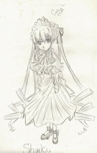 Rating: Safe Score: 0 Tags: 1girl bow bowtie dress full_body image long_hair long_sleeves looking_at_viewer monochrome shinku shoes simple_background solo standing very_long_hair User: admin