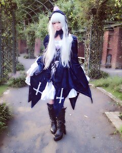 Rating: Safe Score: 0 Tags: 1girl blue_dress boots dress full_body grass long_hair outdoors solo standing suigintou tree white_hair User: admin