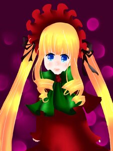 Rating: Safe Score: 0 Tags: 1girl blonde_hair blue_eyes blush bonnet bow bowtie dress image long_hair long_sleeves looking_at_viewer purple_background red_dress shinku solo twintails User: admin