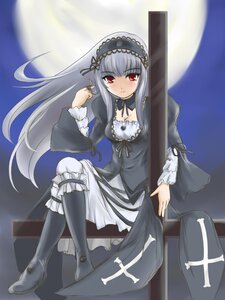 Rating: Safe Score: 0 Tags: 1girl blush boots breasts cleavage commentary_request detached_collar dress frills full_moon ginjyasei hair_twirling hairband image knee_boots long_hair long_sleeves looking_at_viewer moon night night_sky red_eyes rozen_maiden silver_hair sitting solo suigintou User: admin