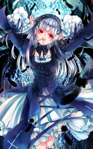 Rating: Safe Score: 0 Tags: 1girl black_wings dress feathers flower frills hairband image juliet_sleeves lolita_fashion lolita_hairband long_hair long_sleeves looking_at_viewer mouth_hold red_eyes ribbon rose silver_hair solo suigintou wings User: admin