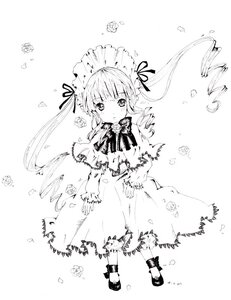 Rating: Safe Score: 0 Tags: 1girl blush dress flower greyscale image long_hair long_sleeves monochrome ribbon shinku solo striped twintails vertical_stripes User: admin