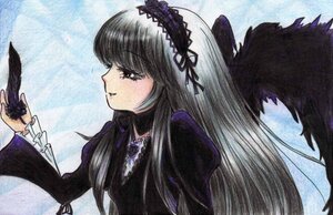 Rating: Safe Score: 0 Tags: 1girl black_wings dress feathered_wings feathers frills image long_hair long_sleeves looking_afar profile rose silver_hair solo suigintou upper_body wings User: admin