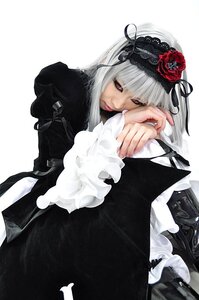 Rating: Safe Score: 0 Tags: 1girl bangs black_dress dress flower frills hairband lips long_hair long_sleeves looking_at_viewer red_eyes rose solo suigintou white_hair User: admin