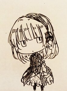 Rating: Safe Score: 0 Tags: 1girl bangs chibi dress eyebrows_visible_through_hair full_body hair_between_eyes hairband image long_sleeves monochrome parted_lips solo standing suigintou User: admin