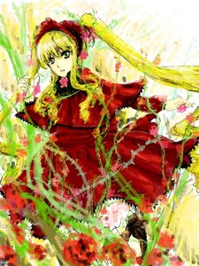 Rating: Safe Score: 0 Tags: 1girl blonde_hair bonnet boots bow dress flower frills green_eyes image long_hair long_sleeves looking_at_viewer red_dress rose shinku solo twintails User: admin