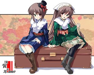 Rating: Safe Score: 0 Tags: 2girls boots brown_hair dress frills green_eyes halftone halftone_background hat heterochromia image japanese_clothes kimono knee_boots lolita_fashion long_hair multiple_girls open_mouth pair pantyhose polka_dot red_eyes siblings sisters sitting souseiseki suiseiseki top_hat twins User: admin