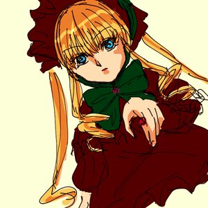 Rating: Safe Score: 0 Tags: 1girl bangs blonde_hair blue_eyes bonnet bow bowtie dress green_bow green_neckwear image long_hair long_sleeves looking_at_viewer red_dress shinku simple_background solo upper_body yellow_background User: admin