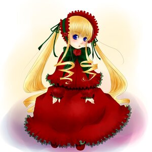 Rating: Safe Score: 0 Tags: 1girl blonde_hair blue_eyes blush bonnet bow bowtie capelet dress drill_hair flower full_body green_bow green_neckwear image long_hair long_sleeves looking_at_viewer red_dress rose shinku simple_background solo twintails very_long_hair User: admin