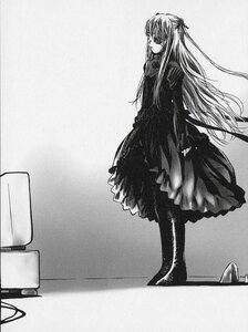 Rating: Safe Score: 0 Tags: 1girl barasuishou dress greyscale image long_hair long_sleeves monochrome pantyhose solo standing very_long_hair User: admin