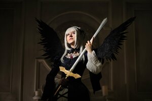 Rating: Safe Score: 0 Tags: 1girl black_dress black_wings dress feathered_wings feathers holding lips long_sleeves solo suigintou sword weapon wings User: admin