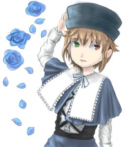 Rating: Safe Score: 0 Tags: 1girl blue_dress blue_flower blue_rose brown_hair capelet dress flower green_eyes hat heterochromia image long_sleeves looking_at_viewer petals red_eyes ribbon rose rose_petals short_hair solo souseiseki striped vertical_stripes User: admin