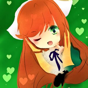 Rating: Safe Score: 0 Tags: 1girl ;d blush bow dress green_background green_eyes head_scarf heart heart_censor heart_hands image long_hair long_sleeves one_eye_closed open_mouth orange_hair smile solo suiseiseki very_long_hair User: admin