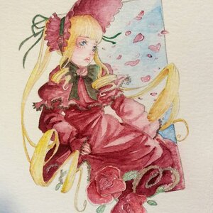 Rating: Safe Score: 0 Tags: 1girl blonde_hair blue_eyes bonnet bow dress flower image long_hair long_sleeves looking_at_viewer petals photo pink_flower pink_rose red_dress red_flower rose shinku solo traditional_media twintails very_long_hair watercolor_(medium) User: admin