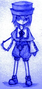 Rating: Safe Score: 0 Tags: 1girl blue_theme bow bowtie full_body hat image looking_at_viewer monochrome shoes short_hair smile solo souseiseki standing User: admin