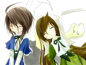 Rating: Safe Score: 0 Tags: 1boy brown_hair closed_eyes dress green_dress head_scarf image long_hair long_sleeves pair ribbon siblings sleeping souseiseki suiseiseki very_long_hair white_background User: admin