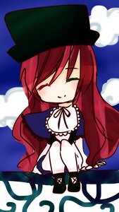 Rating: Safe Score: 0 Tags: 1girl black_headwear blue_dress chibi closed_eyes cloud costume_switch dress hat image long_hair red_hair ribbon sitting sky smile solo User: admin