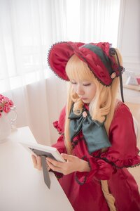 Rating: Safe Score: 0 Tags: 1girl blonde_hair bow capelet closed_eyes dress flower lips long_hair long_sleeves pink_flower pink_rose realistic red_flower red_rose rose shinku solo User: admin