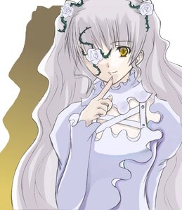 Rating: Safe Score: 0 Tags: 1girl dress finger_to_mouth flower frills glasses hair_flower hair_ornament image kirakishou long_hair long_sleeves rose smile solo upper_body white_flower white_rose yellow_eyes User: admin