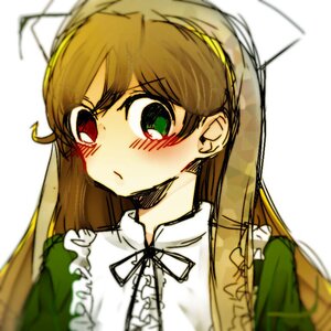 Rating: Safe Score: 0 Tags: 1girl bangs blurry blurry_foreground blush brown_hair closed_mouth depth_of_field dress frills green_dress green_eyes hairband image long_hair long_sleeves neck_ribbon simple_background solo suiseiseki upper_body white_background User: admin