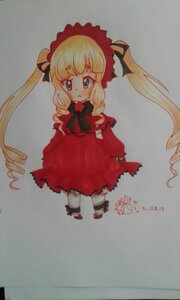 Rating: Safe Score: 0 Tags: 1girl blonde_hair blue_eyes blush bow bowtie capelet dress drill_hair full_body image long_hair long_sleeves looking_at_viewer photo red_dress ribbon shinku solo standing twintails User: admin