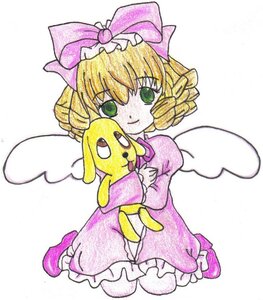 Rating: Safe Score: 0 Tags: 1girl blonde_hair bow dress full_body green_eyes hina_ichigo hinaichigo image pink_bow pink_dress short_hair smile solo traditional_media wings User: admin