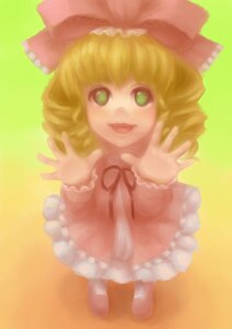 Rating: Safe Score: 0 Tags: 1girl :d blonde_hair bow dress drill_hair frills full_body green_eyes hina_ichigo hinaichigo image long_sleeves looking_at_viewer open_mouth pink_bow simple_background smile solo standing yellow_background User: admin