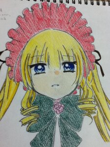 Rating: Safe Score: 0 Tags: 1girl bangs blonde_hair blue_eyes bonnet closed_mouth drill_hair expressionless eyebrows_visible_through_hair flower grey_background image long_hair looking_at_viewer marker_(medium) portrait rose shinku simple_background solo traditional_media twin_drills twintails User: admin