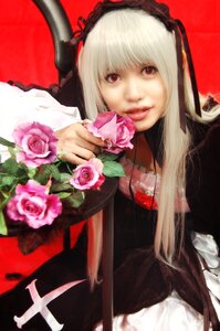 Rating: Safe Score: 0 Tags: 1girl flower gothic_lolita hairband lips lolita_fashion long_hair long_sleeves looking_at_viewer pink_flower pink_rose red_background red_eyes rose solo suigintou User: admin