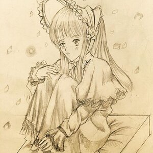 Rating: Safe Score: 0 Tags: 1girl bow dress graphite_(medium) image long_hair long_sleeves looking_at_viewer monochrome petals shinku solo traditional_media User: admin