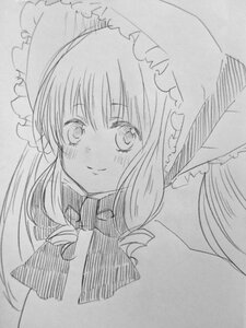 Rating: Safe Score: 0 Tags: 1girl blush bow bowtie closed_mouth drill_hair eyebrows_visible_through_hair frills greyscale image long_hair looking_at_viewer monochrome shinku simple_background smile solo traditional_media User: admin