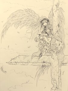 Rating: Safe Score: 0 Tags: 1girl cloud dress feathered_wings flower frills hairband image long_hair long_sleeves looking_at_viewer monochrome outdoors sky solo suigintou traditional_media very_long_hair wings User: admin