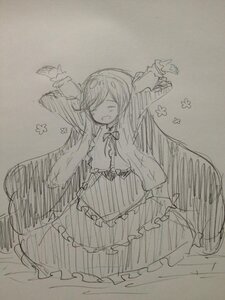 Rating: Safe Score: 0 Tags: 1girl arms_up bangs blush closed_eyes dress frills image long_hair long_sleeves monochrome open_mouth sketch smile solo suiseiseki traditional_media very_long_hair User: admin