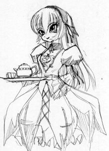 Rating: Safe Score: 0 Tags: 1girl cup dress greyscale image long_hair long_sleeves looking_at_viewer monochrome simple_background smile solo standing suigintou teacup very_long_hair white_background User: admin