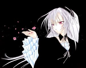 Rating: Safe Score: 0 Tags: 1girl black_background black_ribbon choker dress flower frills image long_sleeves petals pink_flower ribbon rose rose_petals short_hair silver_hair simple_background solo suigintou upper_body User: admin