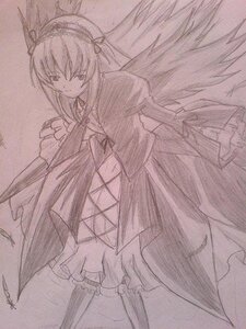 Rating: Safe Score: 0 Tags: 1girl dress frills hairband image long_hair long_sleeves looking_at_viewer monochrome solo standing suigintou traditional_media wings User: admin