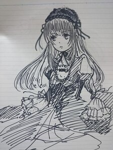 Rating: Safe Score: 0 Tags: 1girl dress frills greyscale hairband image long_hair long_sleeves looking_at_viewer monochrome sketch solo suigintou traditional_media User: admin