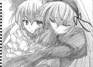 Rating: Safe Score: 0 Tags: 2girls dress frills greyscale hairband hug image long_hair long_sleeves looking_at_viewer monochrome multiple_girls pair shinku simple_background suigintou upper_body User: admin