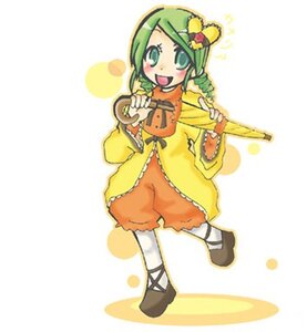 Rating: Safe Score: 0 Tags: 1girl :d blush frills full_body green_eyes green_hair hair_ornament holding image instrument kanaria long_sleeves open_mouth orange_shirt puffy_pants smile solo standing white_background yellow_dress User: admin