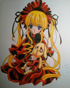 Rating: Safe Score: 0 Tags: 1girl blonde_hair blue_eyes blush bonnet bow dress drill_hair flower image long_hair long_sleeves looking_at_viewer marker_(medium) photo red_dress rose shinku sidelocks solo traditional_media twintails very_long_hair User: admin