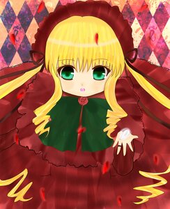 Rating: Safe Score: 0 Tags: 1girl argyle argyle_background blonde_hair bonnet checkered checkered_background checkered_floor chess_piece dress flower green_eyes image long_hair long_sleeves looking_at_viewer perspective petals pink_rose rose shinku solo tile_floor tiles twintails User: admin