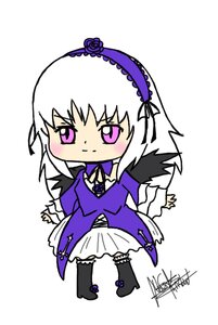 Rating: Safe Score: 0 Tags: 1girl blush boots chibi dress flower frills full_body hairband image long_hair long_sleeves purple_eyes ribbon signature simple_background smile solo standing suigintou white_background User: admin